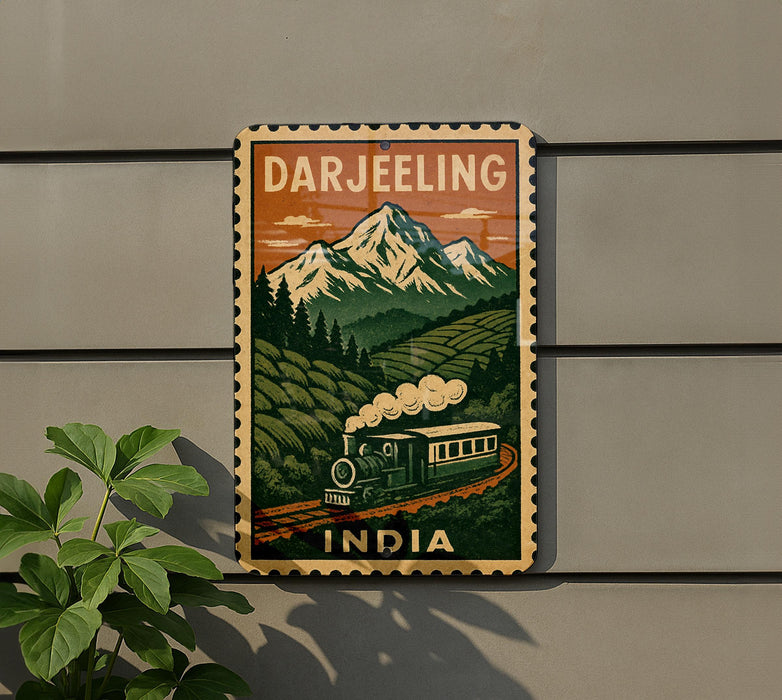 A vintage-style poster of a train traveling through a mountainous landscape, with the text "DARJEELING" prominently displayed.