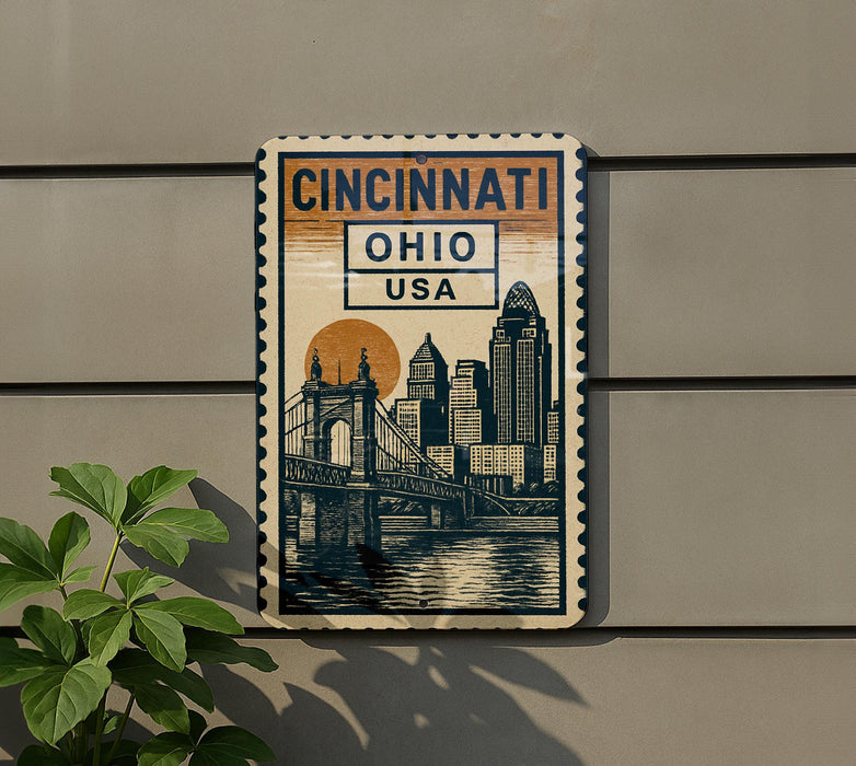 A vintage-style metal sign displaying the image of the Cincinnati skyline, with the text "CINCINNATI OHIO USA" prominently featured.
