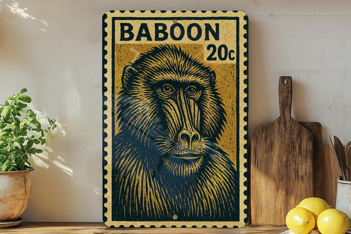 a large metal stamp with a monkey's face on it, placed on a wooden surface next to a wooden cutting board and some lemons.