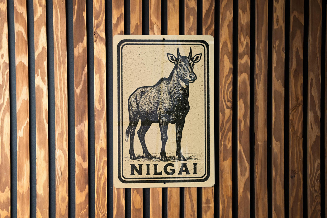 a sign with a black and white illustration of a goat, mounted on a wooden wall.