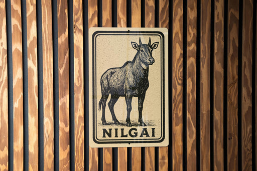 a sign with a black and white illustration of a goat, mounted on a wooden wall.