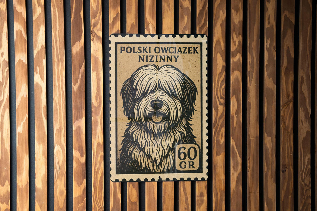 A Polish postage stamp featuring a dog's head on a wooden background.