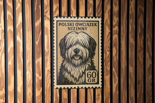 A Polish postage stamp featuring a dog's head on a wooden background.