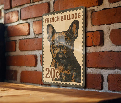 A French Bulldog illustration on a metal sign is displayed against a brick wall.