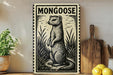 a framed illustration of a mongoose, a type of small, agile rodent, standing in a grassy area. The mongoose is depicted in a black and white illustration style, with a wooden frame surrounding the artwork. The artwork is displayed on a shelf, with a potted plant and a wooden cutting board visible in the background.
