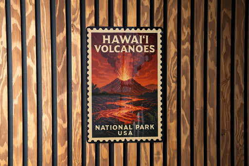 A vintage-style stamp depicting a volcanic eruption in Hawaii, with the text "HAWAII VOLCANOES" and "NATIONAL PARK USA" printed on it.