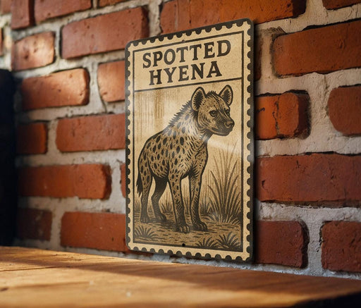 a wooden table with a framed illustration of a spotted hyena on it, mounted on a brick wall.