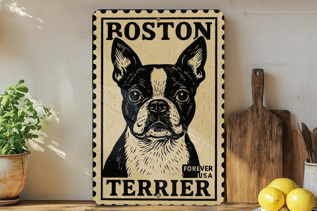 A vintage-style metal sign featuring a black and white illustration of a Boston Terrier dog, with the text "ROSSON TERRIER" prominently displayed.