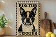 A vintage-style metal sign featuring a black and white illustration of a Boston Terrier dog, with the text "ROSSON TERRIER" prominently displayed.