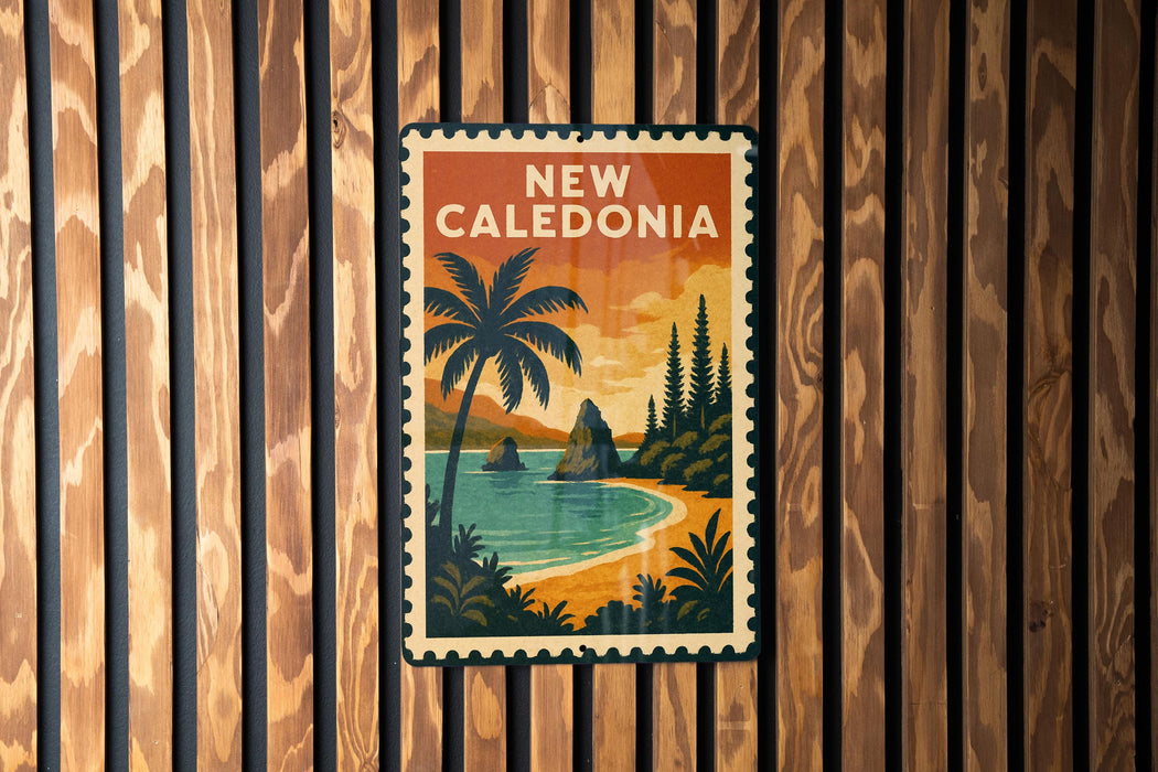 A vintage-style poster of New Caledonia, a country in the South Pacific, featuring a tropical beach scene with palm trees and a sunset over the ocean.