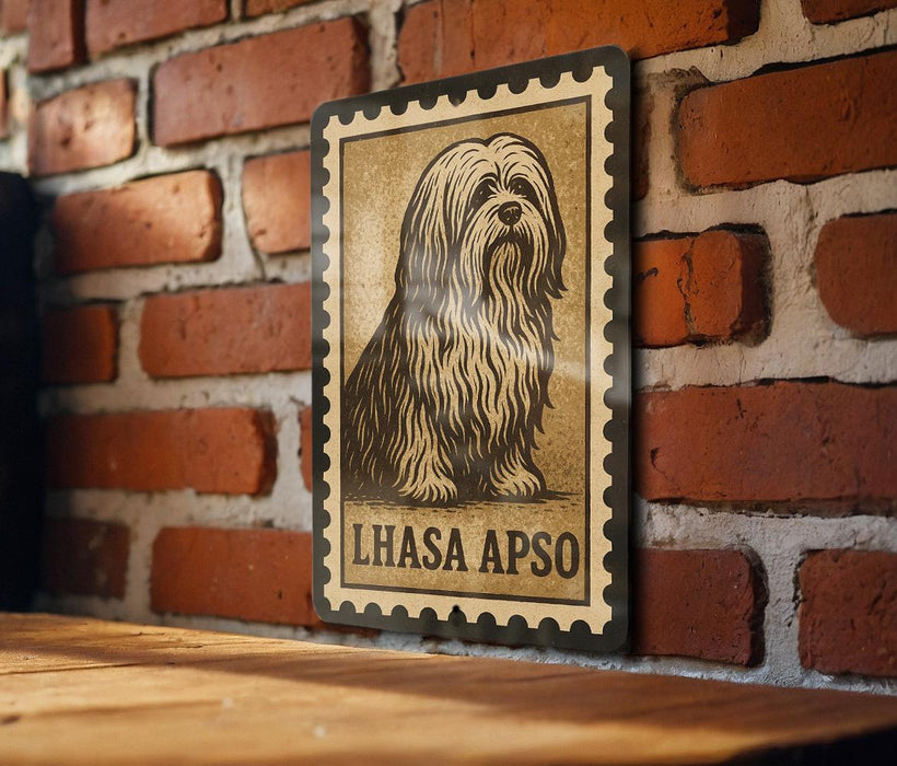 A framed illustration of a long-haired dog, likely a breed like a Shih Tzu or similar, is displayed on a brick wall.