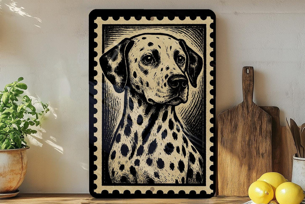 a framed black and white illustration of a Dalmatian dog, which is the central focus of the image. The framed picture is placed on a wooden surface, surrounded by various kitchen items such as a cutting board, a knife, and a bowl.