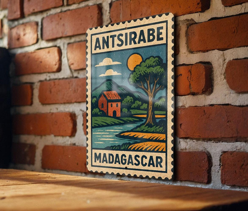 A vintage Madagascar postage stamp is displayed on a brick wall, featuring a landscape with a river, a house, and a tree.