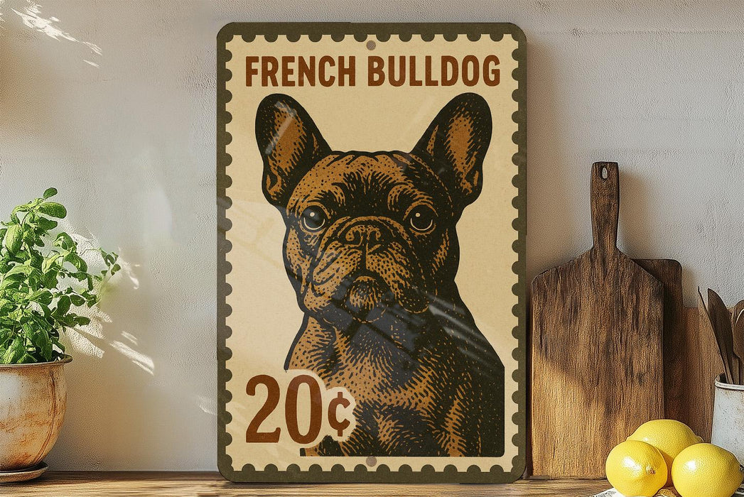 A French Bulldog illustration on a metal sign, with a price of 20 cents below it.