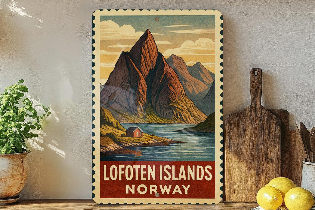 A vintage-style poster of the Lofoten Islands in Norway, featuring a mountain landscape with a small cabin in the foreground.