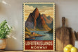 A vintage-style poster of the Lofoten Islands in Norway, featuring a mountain landscape with a small cabin in the foreground.