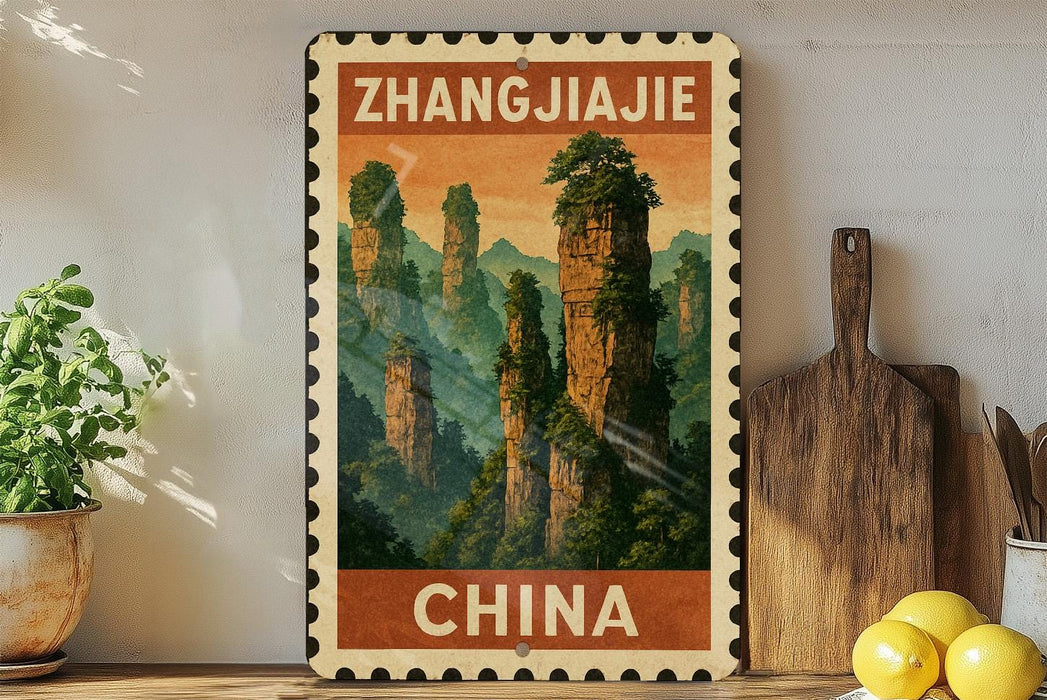 A vintage-style poster of the famous rock formations in China, featuring the text "Zhangjiajie CHINA" prominently displayed.