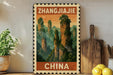 A vintage-style poster of the famous rock formations in China, featuring the text "Zhangjiajie CHINA" prominently displayed.