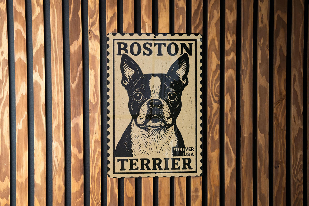 A poster of a Boston Terrier dog is displayed on a wooden wall.
