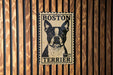 A poster of a Boston Terrier dog is displayed on a wooden wall.