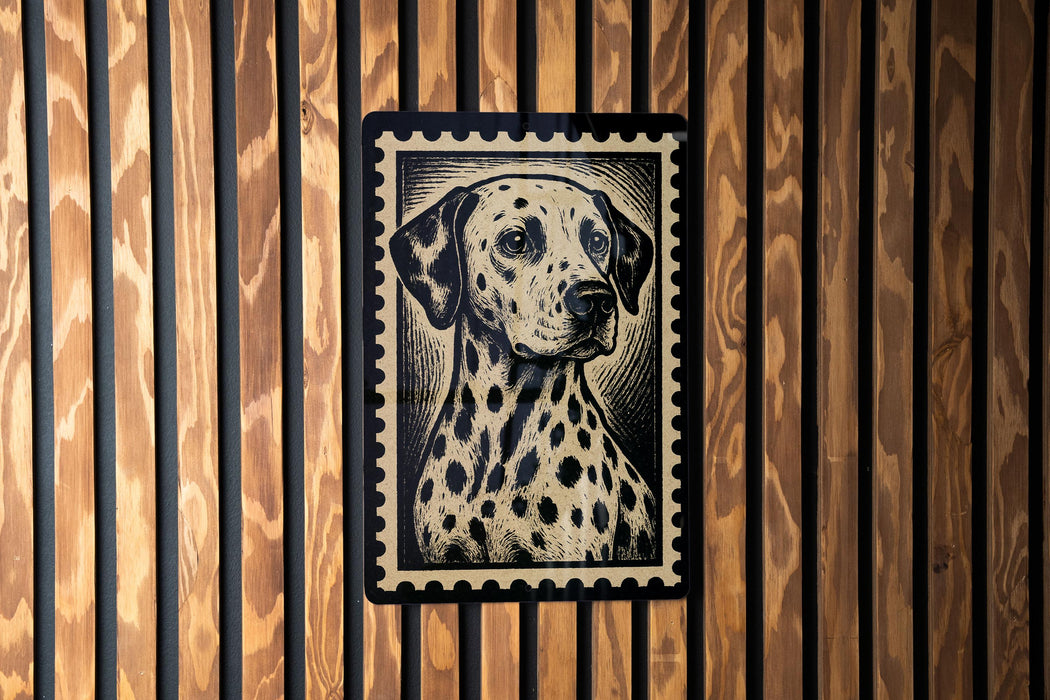 A framed image of a Dalmatian dog is displayed on a wooden wall.