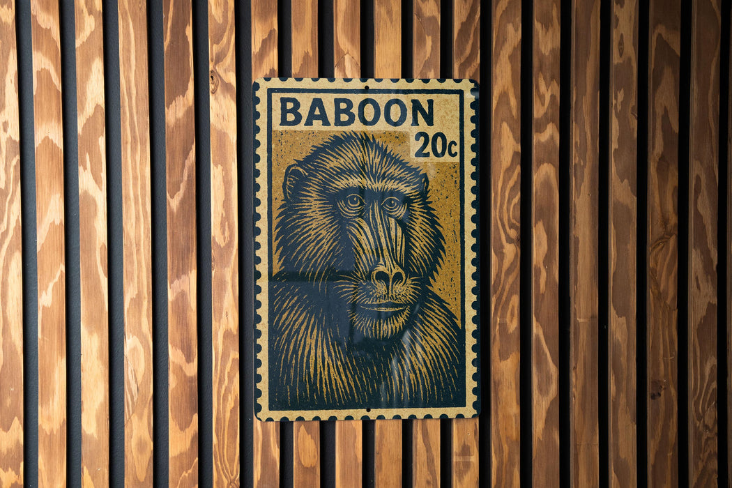 A postage stamp featuring a monkey's face is displayed on a wooden wall.