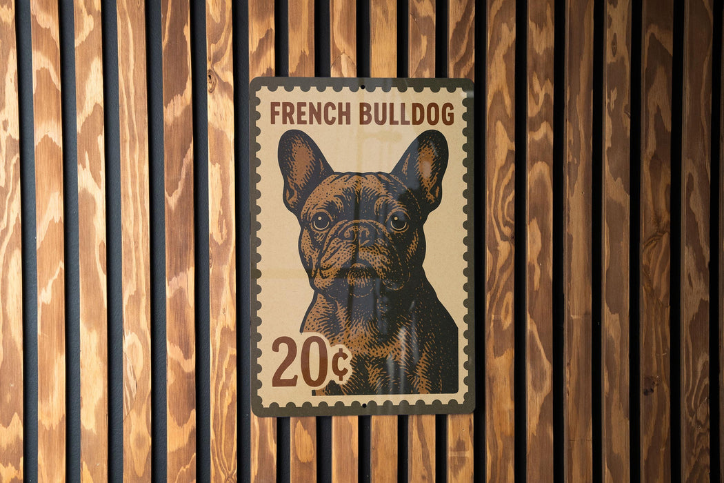 A French Bulldog stamp is affixed to a wooden wall.
