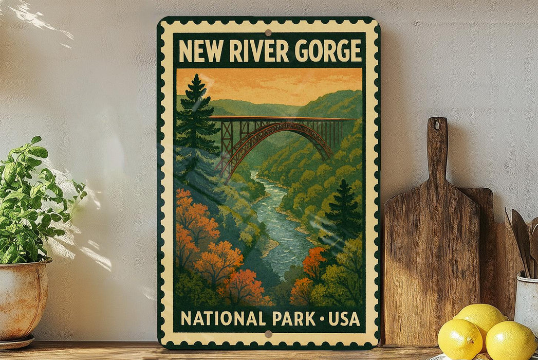 A vintage-style metal sign for New River Gorge National Park, featuring a scenic illustration of a bridge over a river surrounded by autumn foliage.