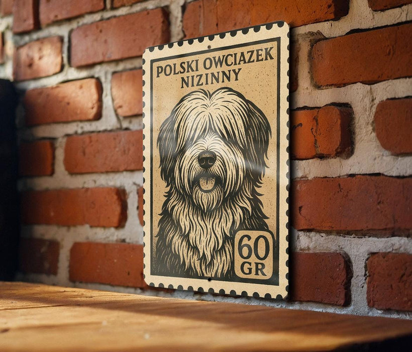 A wooden table with a wooden border, and a framed poster of a dog's face on the wall.