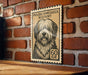 A wooden table with a wooden border, and a framed poster of a dog's face on the wall.