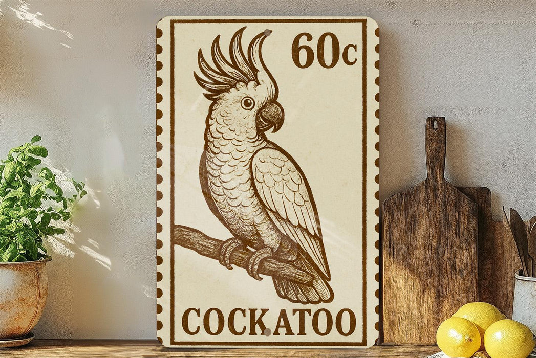 A wooden shelf displaying a stamp-like artwork of a cockatoo, a type of parrot, along with a wooden cutting board and some lemons.