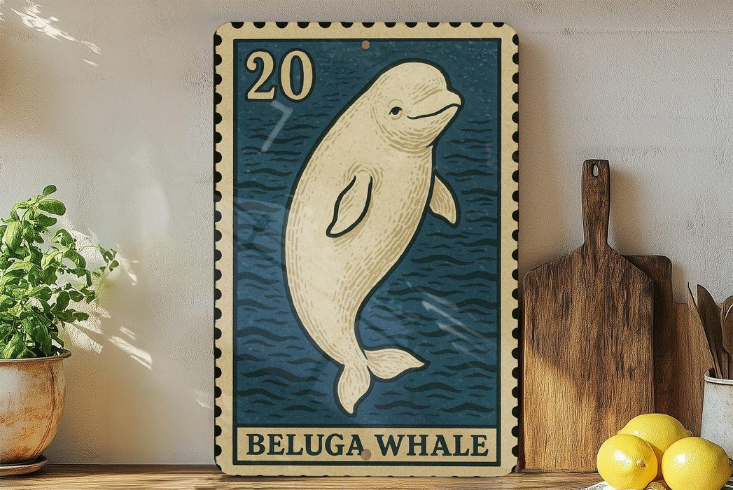 A framed image of a beluga whale, a type of whale, is displayed on a shelf next to a wooden cutting board and some lemons.