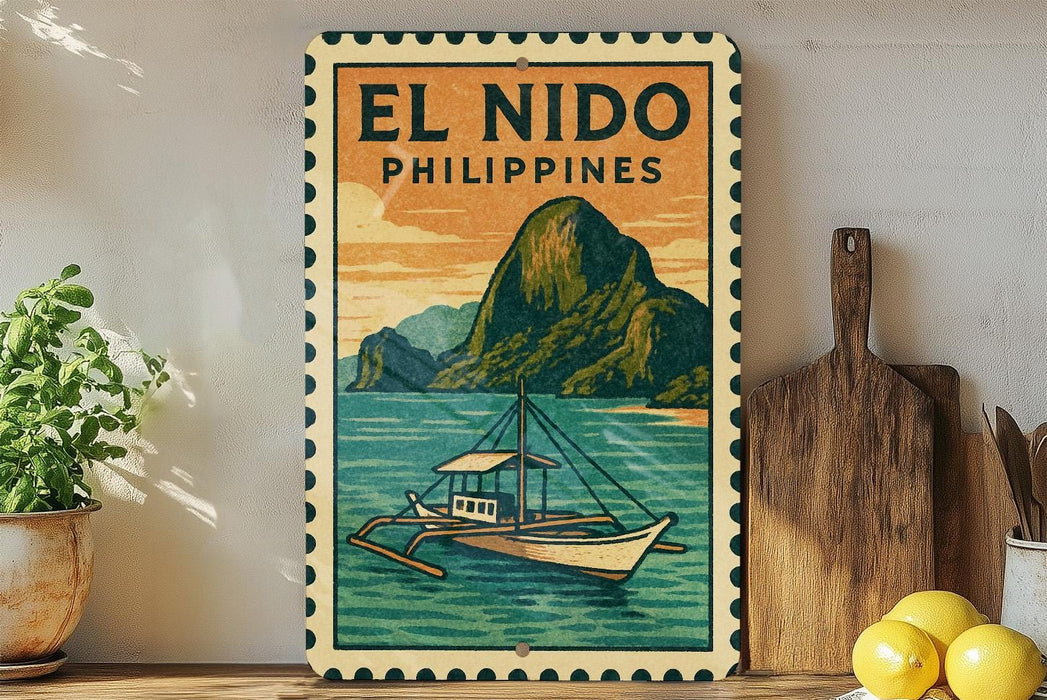 a vintage-style sign for El Nido, Philippines, with a boat illustration and a mountain landscape.