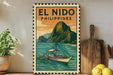 a vintage-style sign for El Nido, Philippines, with a boat illustration and a mountain landscape.