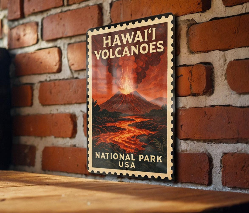 A vintage-style metal sign with a depiction of a volcano and the text "HAWAII VOLCANOES" is displayed on a brick wall.