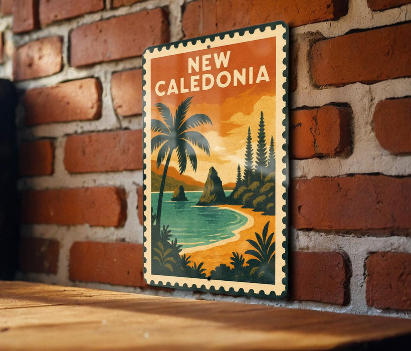 A vintage-style poster of a beach scene with palm trees and mountains, featuring the text "NEW CALEDONIA" at the top.