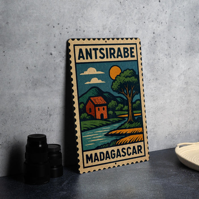 A vintage-style metal stamp depicting a rural landscape with a house, trees, and a river, with the text "ANTSIRABE MADAGASCAR" printed on it.