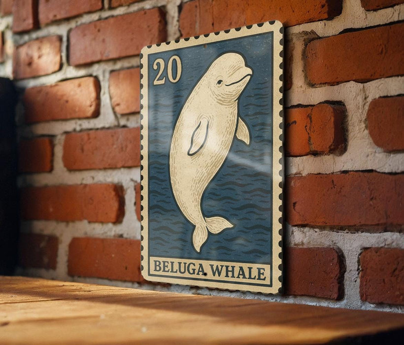 A wooden table with a framed image of a beluga whale on it, mounted on a brick wall.