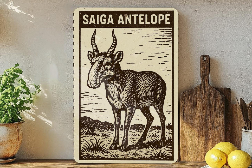 a wooden sign with a drawing of a goat or antelope, placed on a shelf next to a wooden cutting board and some lemons.