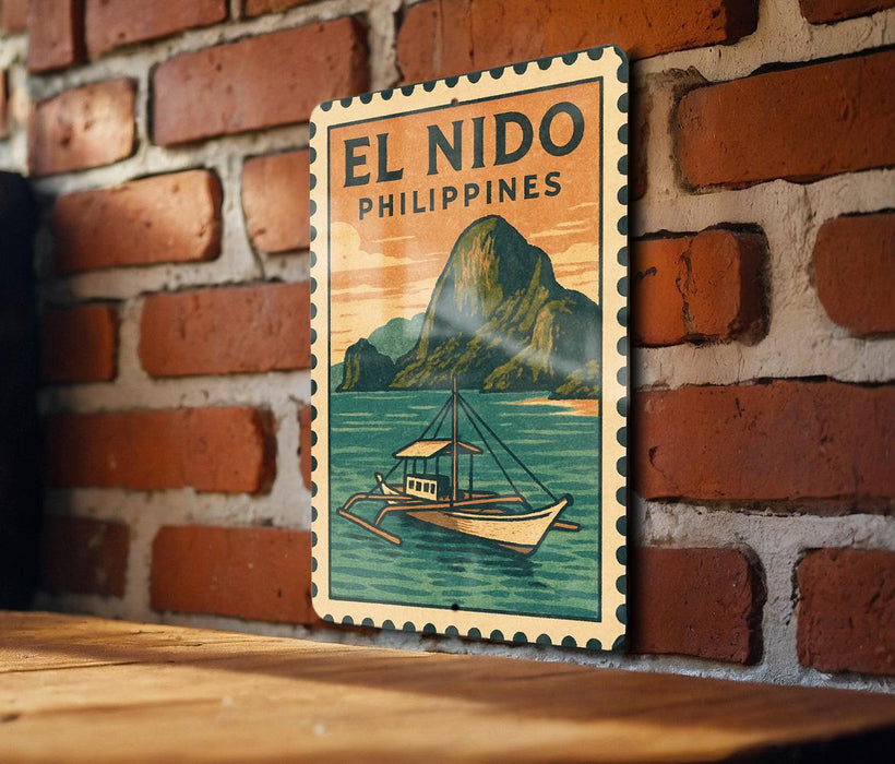 A vintage-style poster of El Nido, a tropical island in the Philippines, featuring a boat on the water and a mountain in the background.