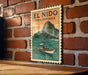 A vintage-style poster of El Nido, a tropical island in the Philippines, featuring a boat on the water and a mountain in the background.