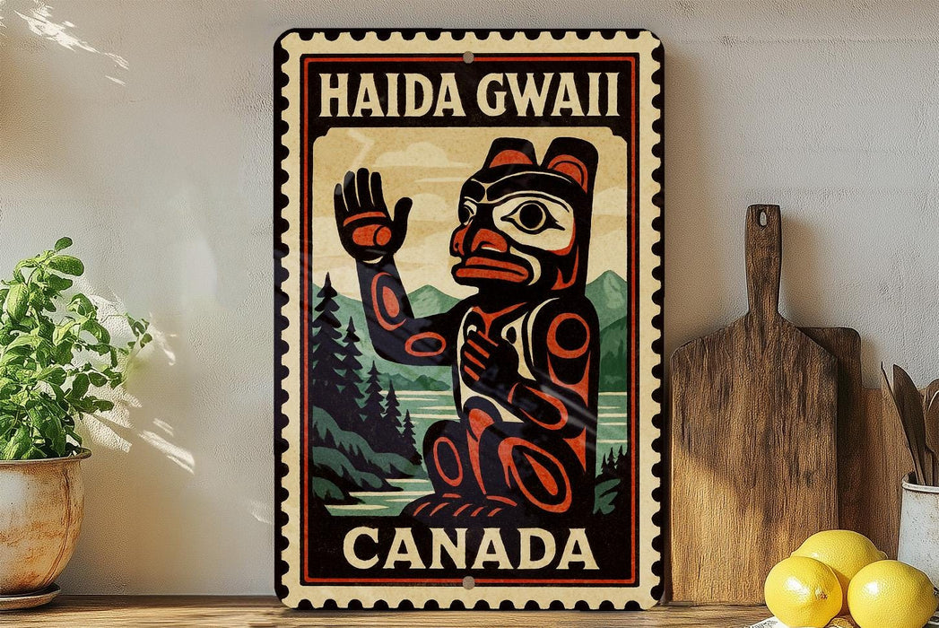 A metal sign with a colorful illustration of a Native American symbol, surrounded by text that reads "HAIDA GWAAII CANADA".