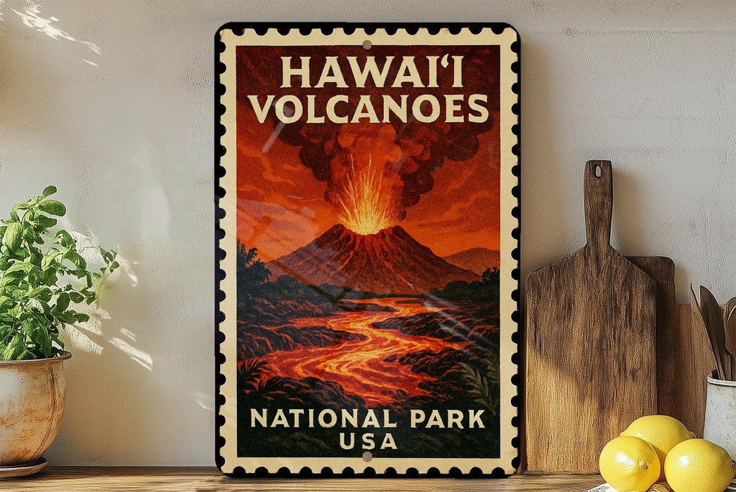 A vintage-style poster of the Hawaiian Volcanoes National Park, featuring a fiery volcanic eruption and the text "HAWAII' VOLCANOES NATIONAL PARK USA".