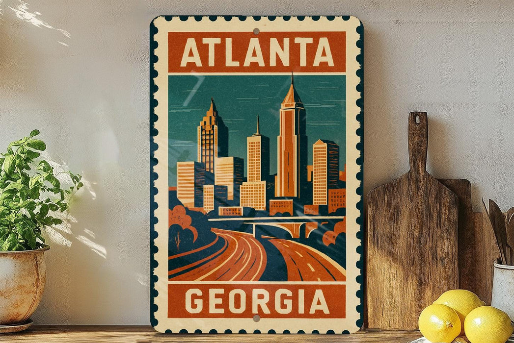 A vintage-style metal sign with the text "ATLANTA GEORGIA" and an illustration of a city skyline, placed on a wooden surface next to a wooden cutting board and some potted plants.
