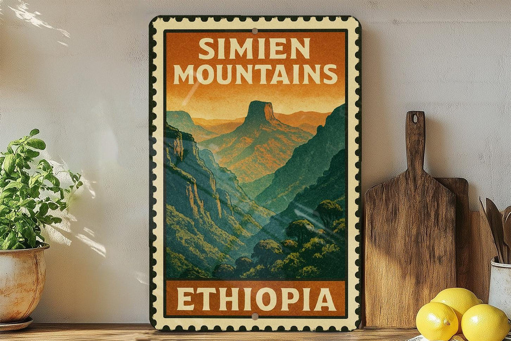 A vintage-style metal sign with the text "SIMIEN MOUNTAINS" and "ETHIOPIA" printed on it, displayed on a shelf next to a wooden cutting board and a potted plant.