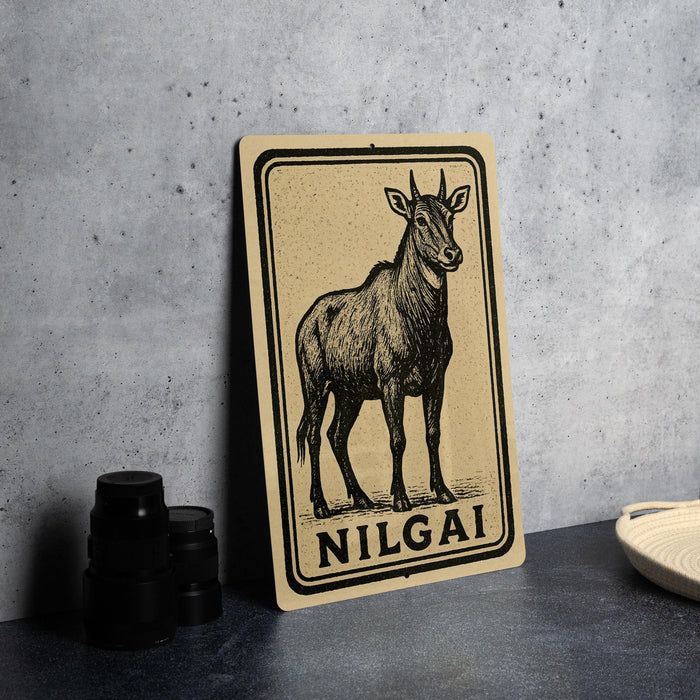 a metal sign with a black and white illustration of a gazelle or antelope, and the word "NILGAI" written below it.