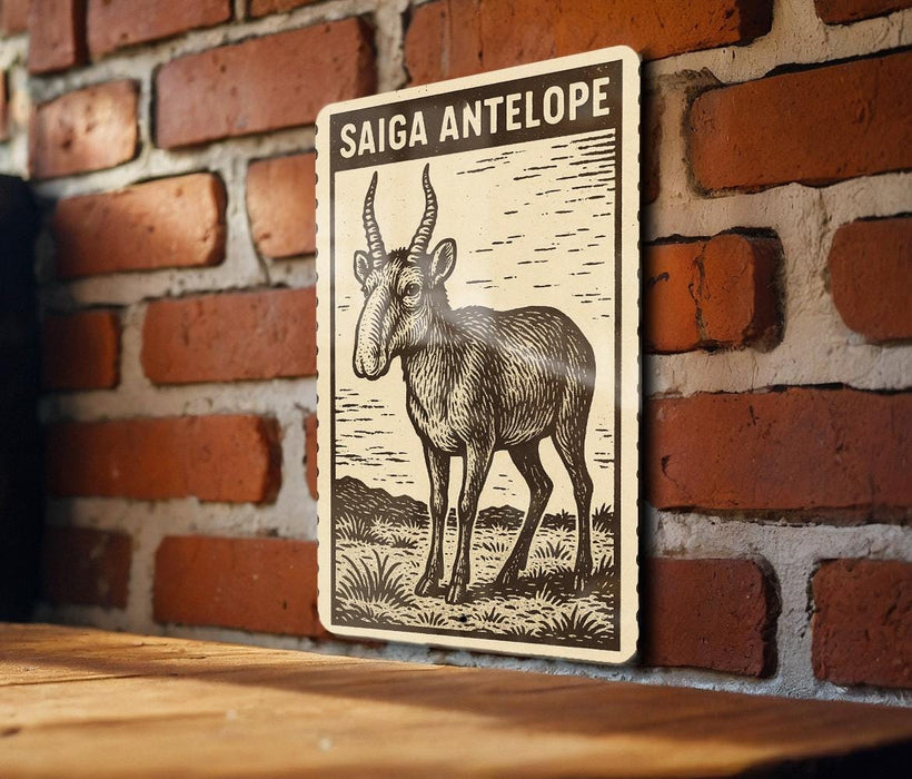 a sign with a picture of a goat, mounted on a brick wall.