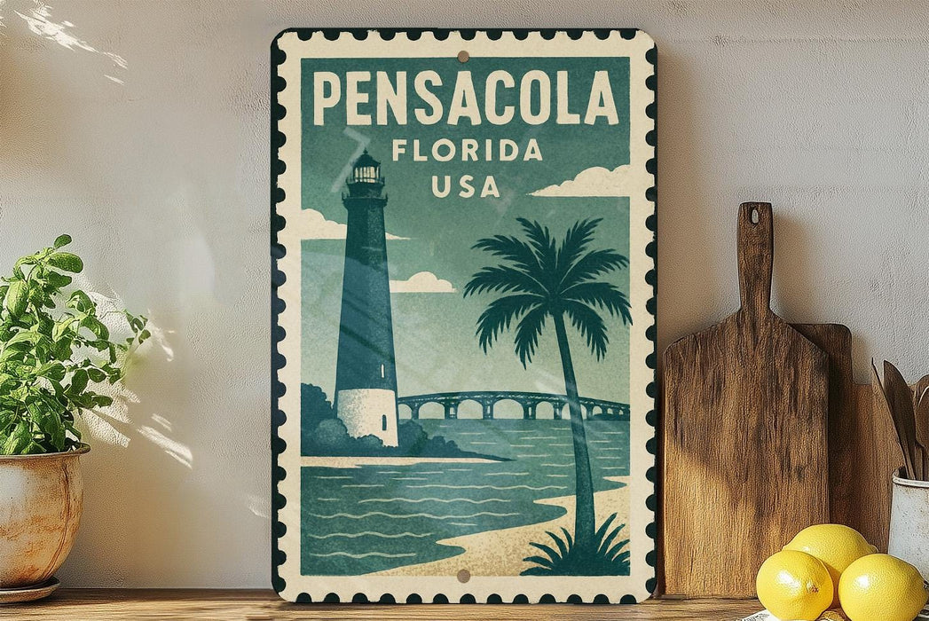 A vintage-style metal sign depicting a lighthouse and a palm tree, with the text "PENSACOLA FLORIDA USA" on it, is displayed on a shelf next to a wooden cutting board and some potted plants.
