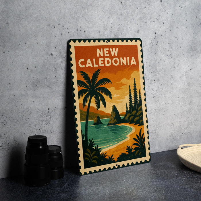 A vintage-style metal sign with a tropical beach scene and palm trees, featuring the text "NEW CALEDONIA" prominently displayed.
