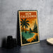 A vintage-style metal sign with a tropical beach scene and palm trees, featuring the text "NEW CALEDONIA" prominently displayed.